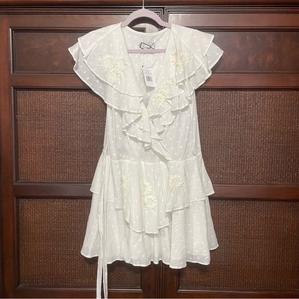 Innika Choo White Sailor Wrap Cotton Embroidered Ruffle Mini Dress Size 2/M — image 2 of 8